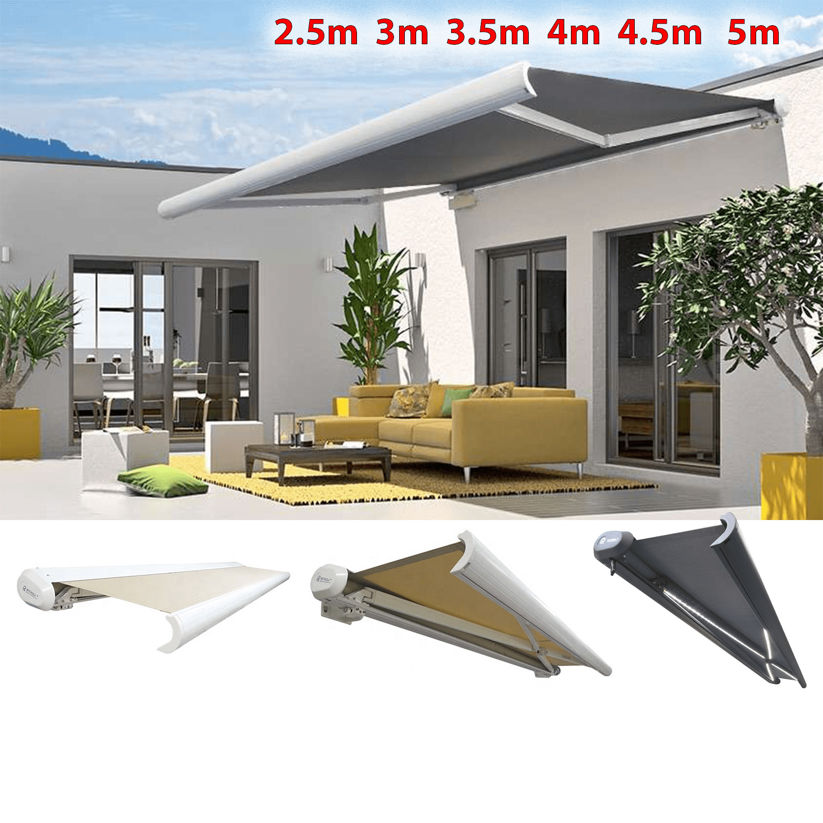 INT500 Retractable Awnings Garden Patio Canopy Full Cassette White Frame Grey Frame Fabrci 