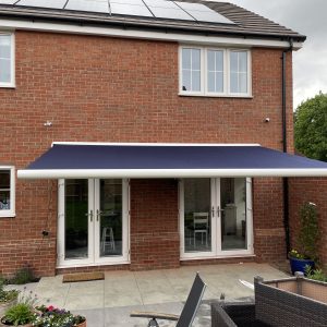 Intelroll Awning INT500 electric motorised Minaro Blue colour fabric, Acrylic 2025 installation in Leeds