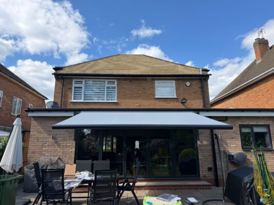 SOLIHULL RD B90 3LG INT 500 AWNING GREY COLOUR OPENED AWNING IN GARDEN 10TH MAY 2026 AT 15TH MAY 2026