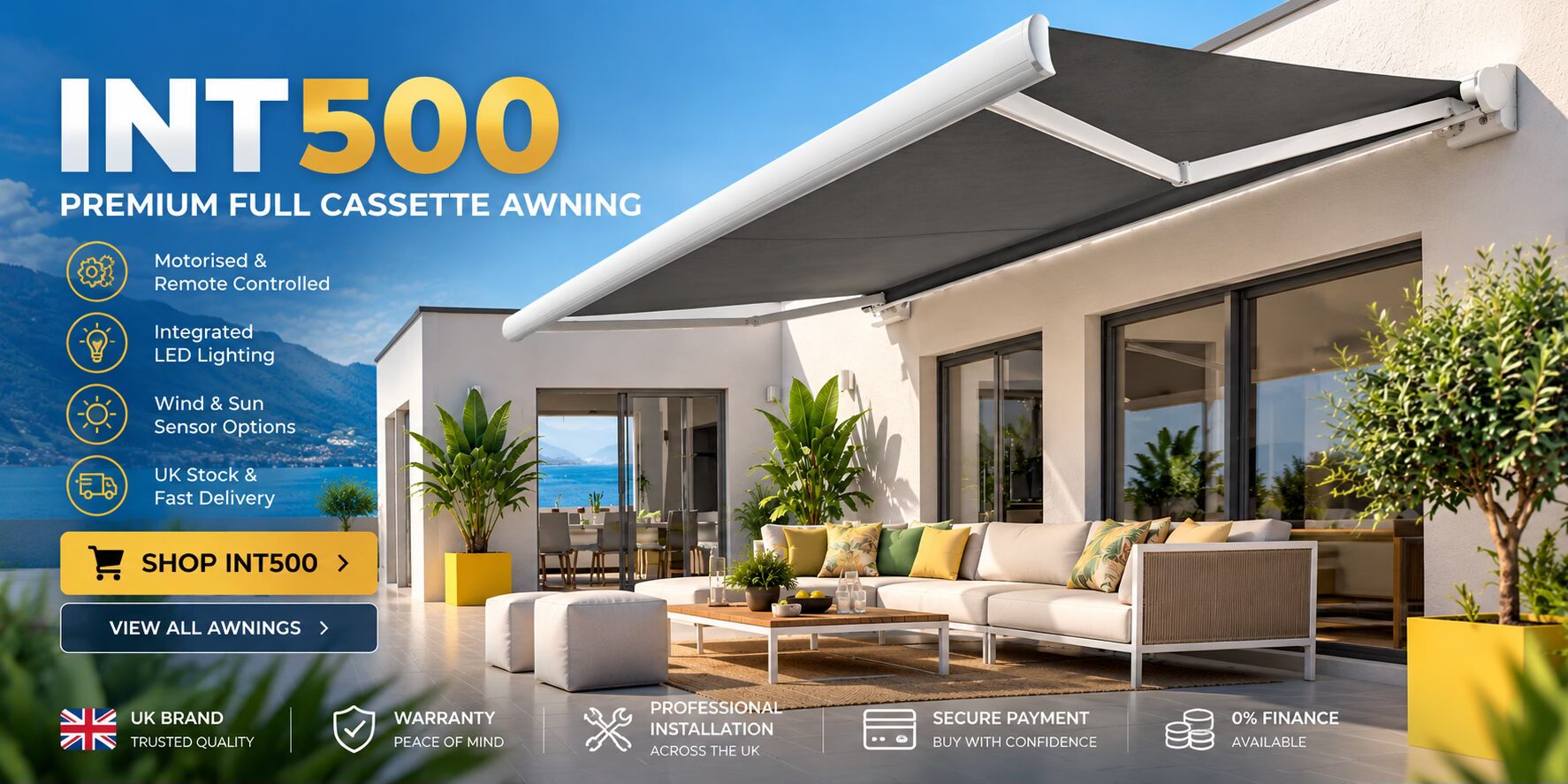 Home - IntelRoll Retractable Awnings - UK Stock - Fitting and Installation 35 Intelroll Premium awning UK stock banner shop blue