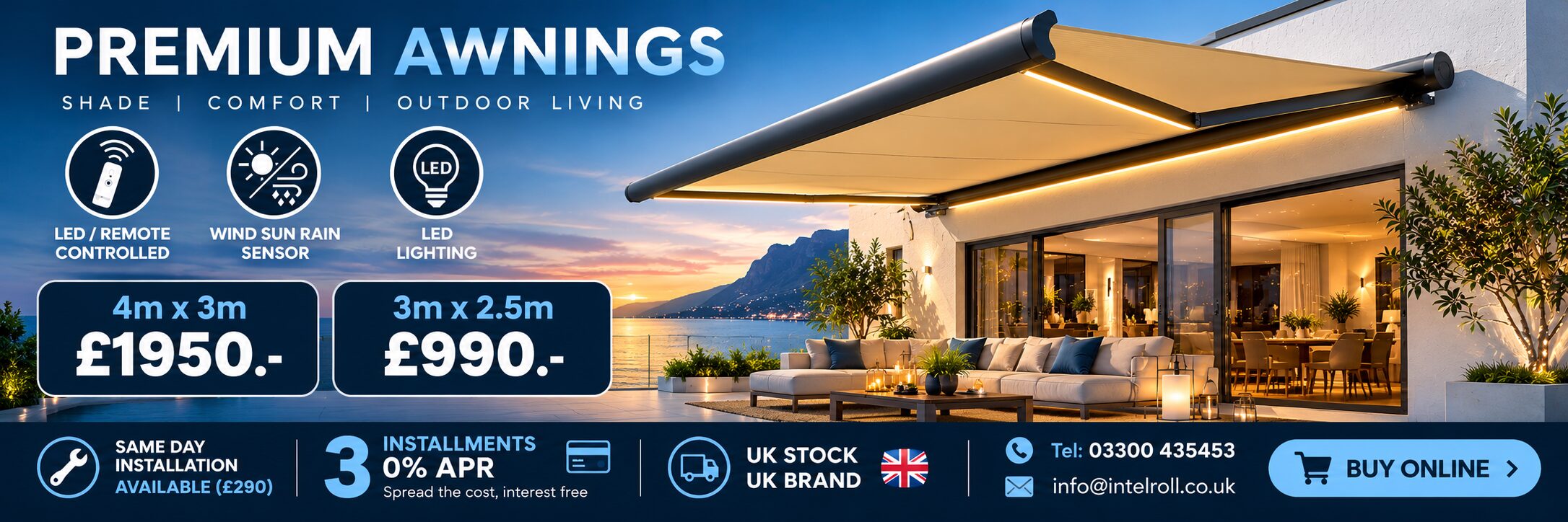 Home - IntelRoll Retractable Awnings - UK Stock - Fitting and Installation 33 Intelroll Banner 500px Blue 01