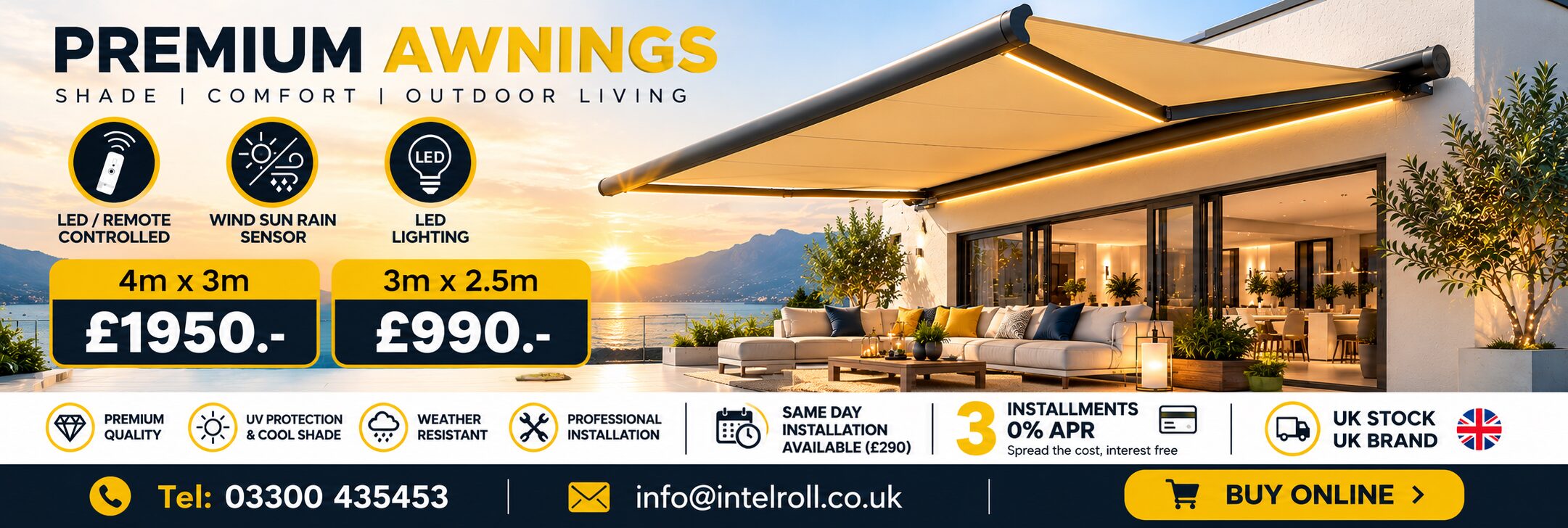 Home - IntelRoll Retractable Awnings - UK Stock - Fitting and Installation 34 Intelroll Banner INT500 Yellow 01